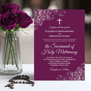 Invitación Elegante Magenta y Boda católico moderno plateado