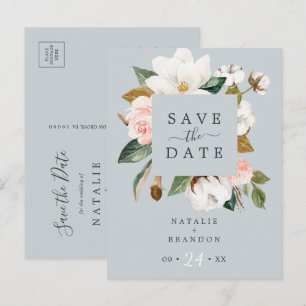 Invitación Elegante Magnolia Azul Gris Salven la postal de la
