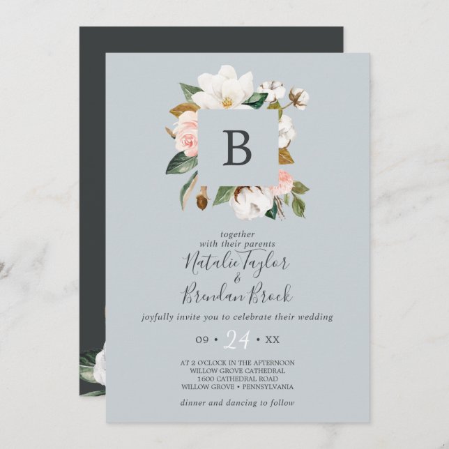Invitación Elegante Magnolia Azul Gris Todo En Un Boda (Anverso / Reverso)