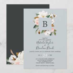 Invitación Elegante Magnolia Azul Gris Todo En Un Boda