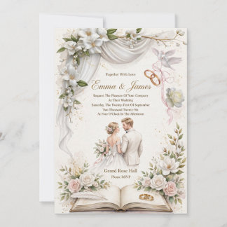 Invitación Elegante Magnolia Blanca en Acuarela y Rosas de Co
