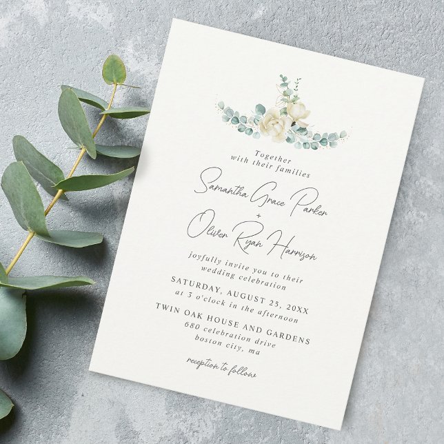 Invitación Elegante Magnolia Blanca Eucalyptus Bouquet Boda (Elegant White Magnolia Eucalyptus Bouquet Wedding Invitation)