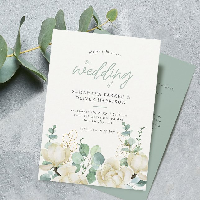 Invitación Elegante Magnolia Eucalyptus Bodas Detalles y (Elegant Magnolia Eucalyptus Wedding Details and Invitation)