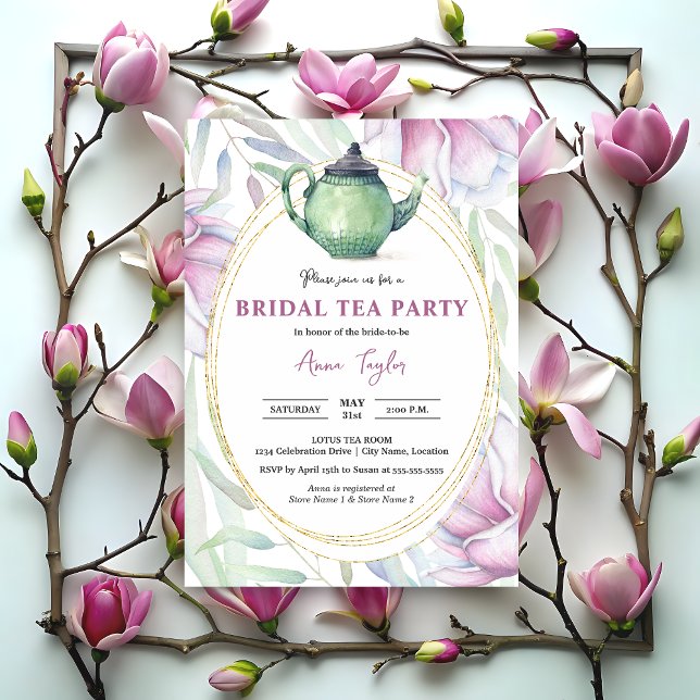 Invitación Elegante Magnolia Floral Bridal Tea Fiesta (Elegant magnolia floral tea party invitation front.)