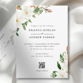 Invitación Elegante Magnolia Floral Código QR Boda