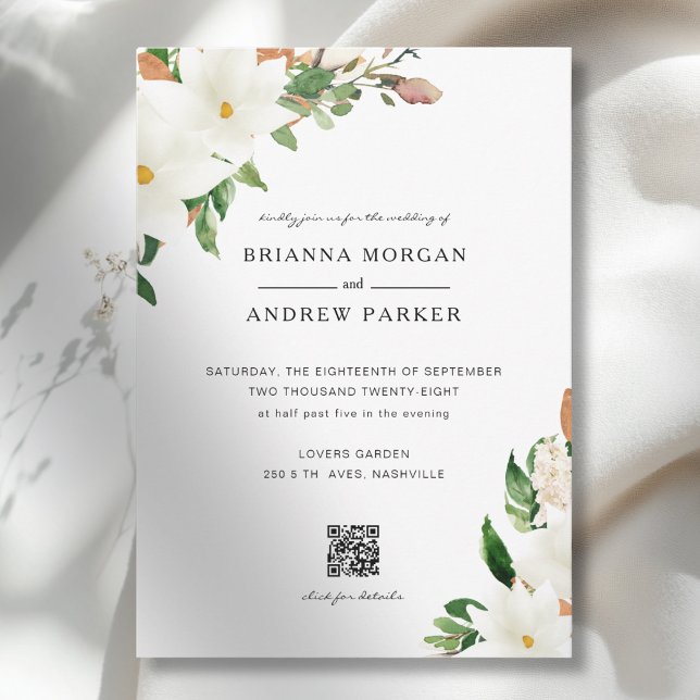 Invitación Elegante Magnolia Floral Código QR Boda (Elegant Floral Magnolia QR Code Wedding Invitation)