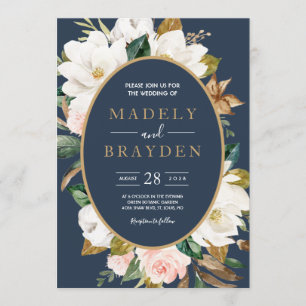 Invitación Elegante Magnolia Floral Rosado Naval Neutral