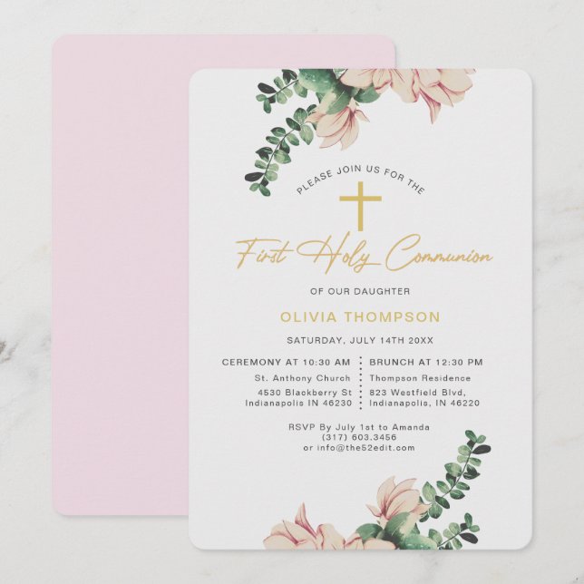 Invitación Elegante Magnolia Floral Rubor Primera Comunión (Anverso / Reverso)