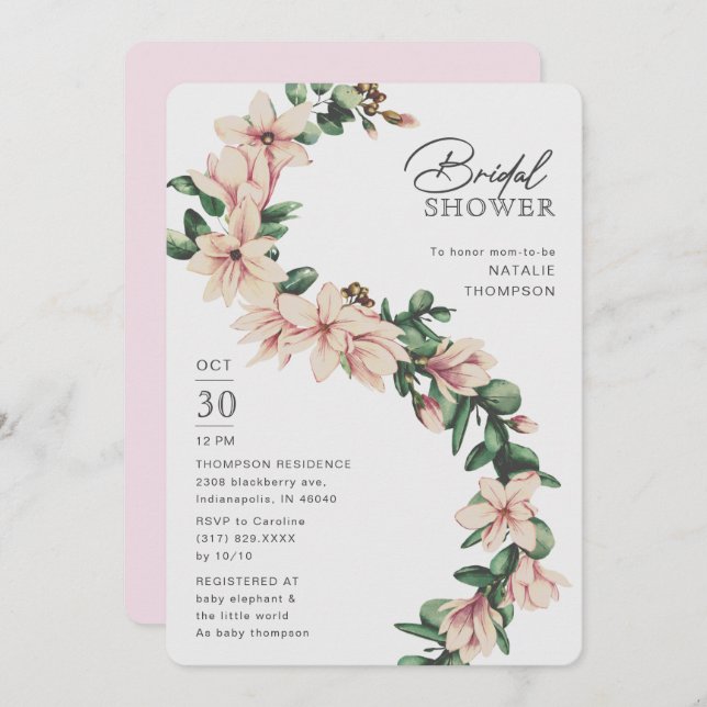 Invitación Elegante Magnolia Floral Rubor Purple Bridal Ducha (Anverso / Reverso)
