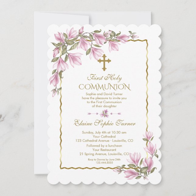 Invitación Elegante Magnolia Flores Oro Primera Santa Comunió (Anverso)