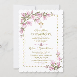 Invitación Elegante Magnolia Flores Oro Primera Santa Comunió