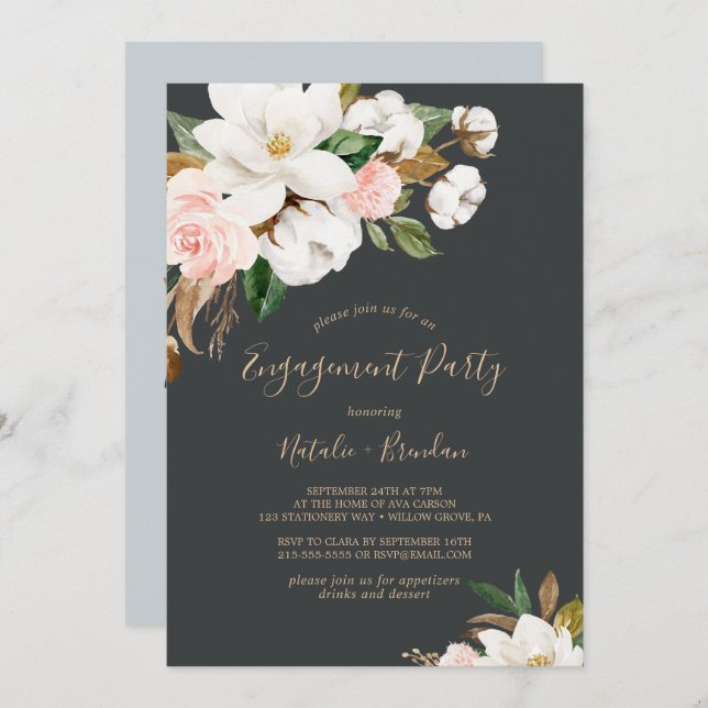 Invitación Elegante Magnolia Partido Compromiso Blanco y Negr (Anverso / Reverso)