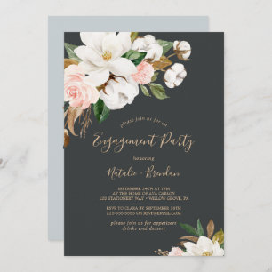 Invitación Elegante Magnolia Partido Compromiso Blanco y Negr
