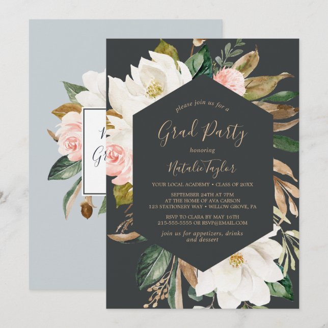 Invitación Elegante Magnolia Partido de Graduación en Blanco  (Anverso / Reverso)