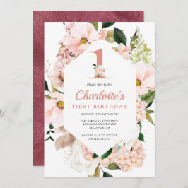 Invitación Elegante Magnolia Rubor Pink Floral Primer cumplea