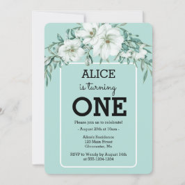 Invitación Elegante Magnolia White Pastel Verde Primer cumple