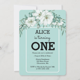 Invitación Elegante Magnolia White Pastel Verde Primer cumple