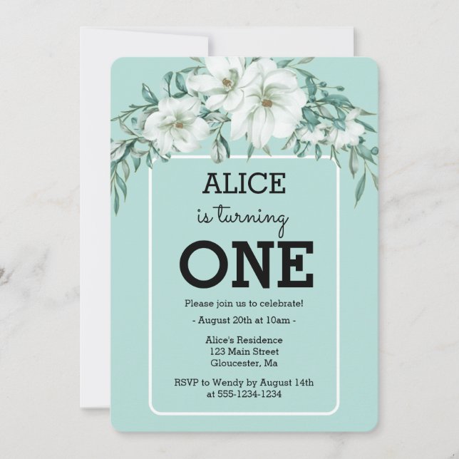 Invitación Elegante Magnolia White Pastel Verde Primer cumple (Anverso)