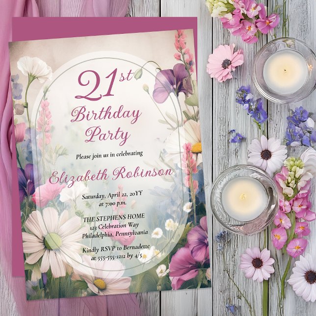 Invitación Elegante Malva | Fiesta de Cumpleaños Número 21 Fl (Elegant Floral 21st Milestone Birthday | Romantic Botanical Garden Party Invitation -Print | Digital)