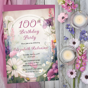Invitación Elegante Malva   Fiesta floral del 100 cumpleaños 