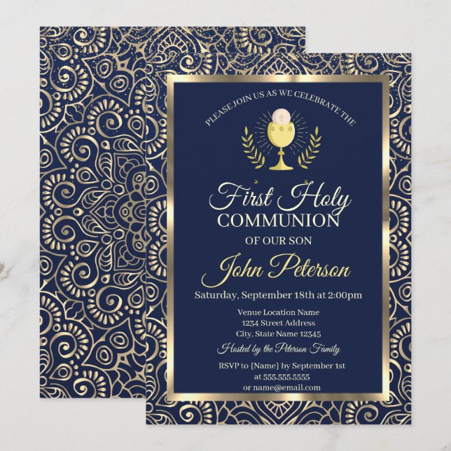 Invitación Elegante Mandala de Oro Azul Primera Comunión (Anverso / Reverso)