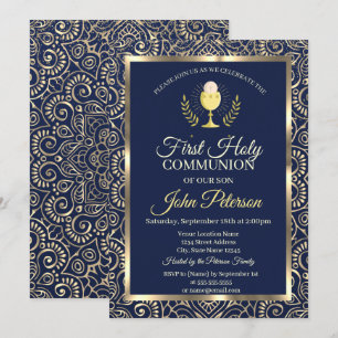 Invitación Elegante Mandala de Oro Azul Primera Comunión