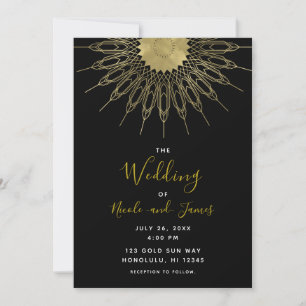 Invitación Elegante Mandala de Sol Dorado Abstracto Boda Negr
