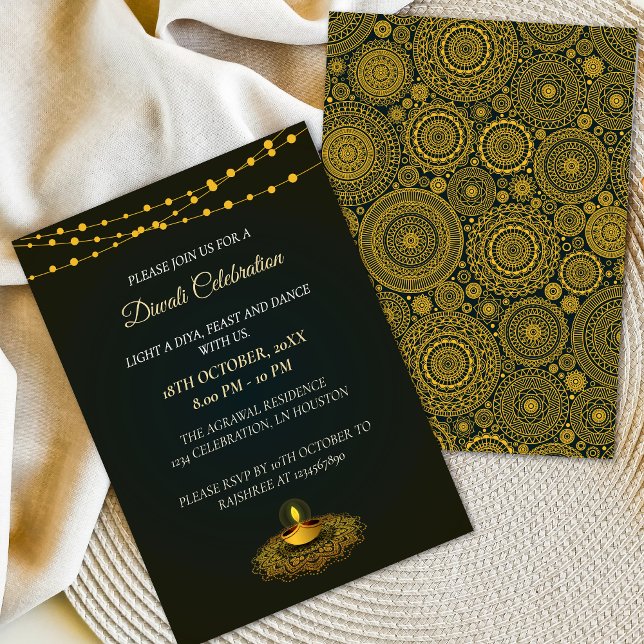 Invitación Elegante Mandala Diyas Fiesta del Green Gold Diwal (Subido por el creador)