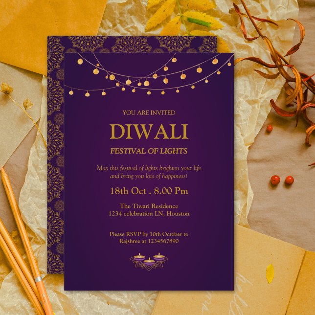 Invitación Elegante Mandala Diyas Morado dorado Diwali (Subido por el creador)