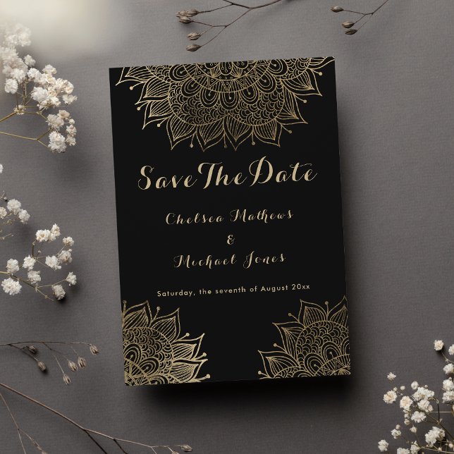 Invitación Elegante mandala floral dorada negra Save The Date (Elegant black gold floral mandala Save The Date Invitation)