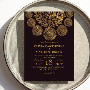 Invitación Elegante Mandala Gold Ornate Burgundy Boda
