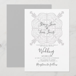 Invitación Elegante Mandala Gris Blanco Dibujado a Mano