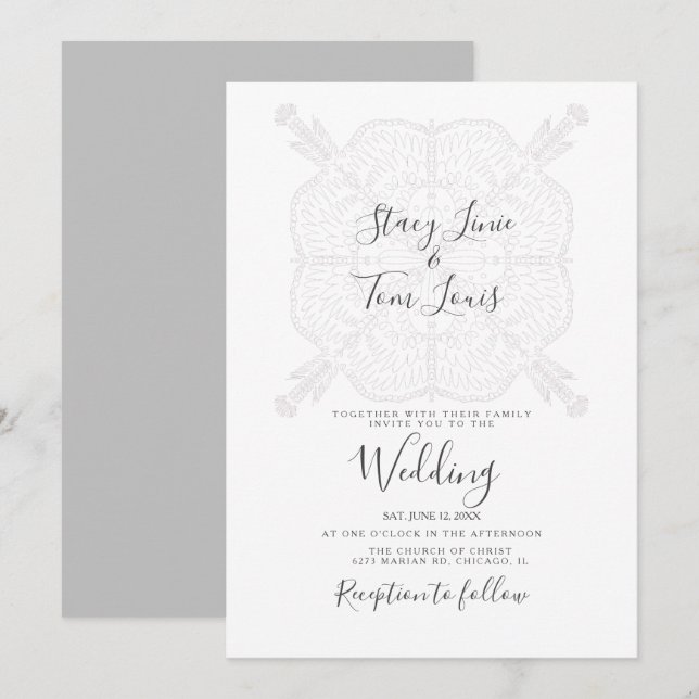 Invitación Elegante Mandala Gris Blanco Dibujado a Mano (Anverso / Reverso)