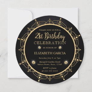 Invitación Elegante Mandala Negro y Dorado Cumpleaños 21