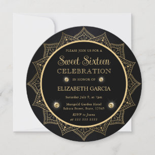 Invitación Elegante Mandala Negro y Dorado Cumpleaños Diecisé