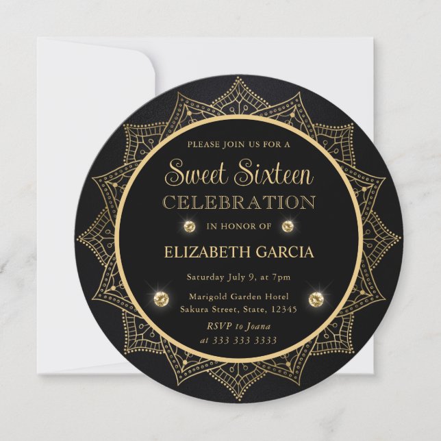 Invitación Elegante Mandala Negro y Dorado Cumpleaños Diecisé (Anverso)