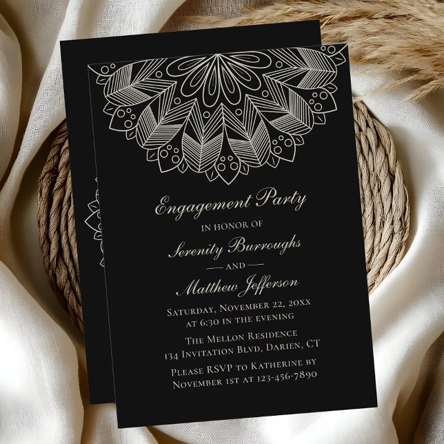 Invitación Elegante Mandala Partido de Compromiso Negro Boho  (Subido por el creador)