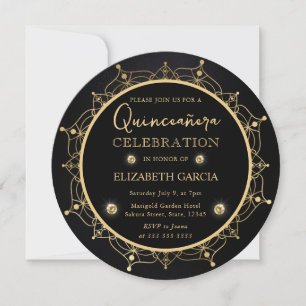 Invitación Elegante Mandala Quinceañera Negro y Dorado