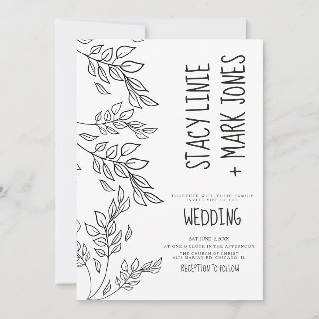 Invitación Elegante mano de follaje dibujado Boda de escritur (Anverso)