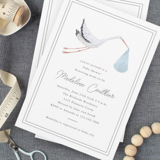 Invitación Elegante mano de los chicos de la cigüeña Baby Sho (Elegant hand drawn stork baby shower invitation.)