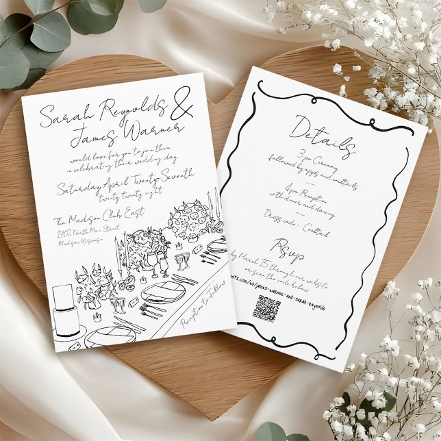Invitación Elegante mano dibujada Boda moderno negro y blanco (Elegant romantic hand drawn handwritten quirky scribble black and white floral table wedding invite)