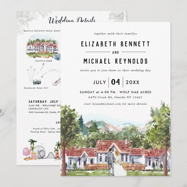 Invitación Elegante Manor Villa | Fin de semana Boda ilustrad (Anverso / Reverso)
