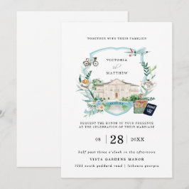 Invitación Elegante Mansión Château | Cresta de Boda de Viaje