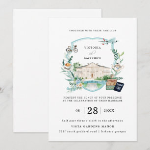 Invitación Elegante Mansión Château   Cresta de Boda de Viaje