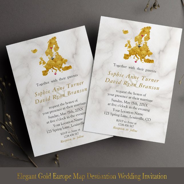 Invitación Elegante Mapa de Oro Europa Boda de Destino (Subido por el creador)