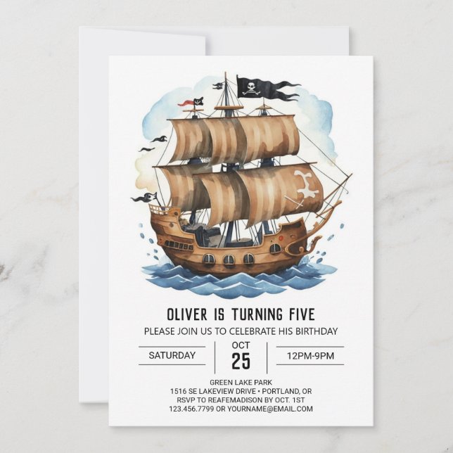 Invitación Elegante Mapa del Tesoro Bote Cumpleaños del Pirat (Anverso)