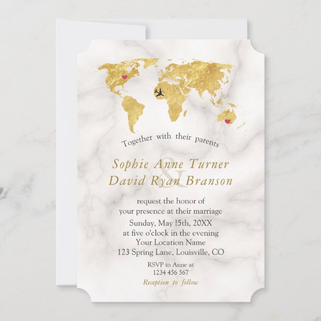Invitación Elegante Mapa Mundial de Oro Boda de Destino (Anverso)