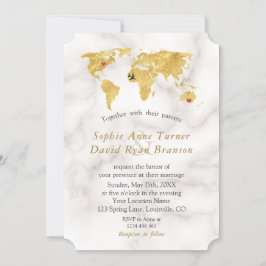 Invitación Elegante Mapa Mundial de Oro Boda de Destino