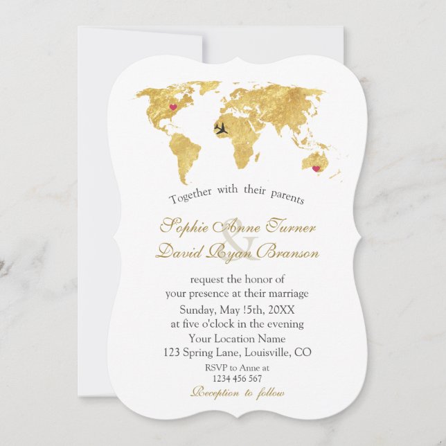 Invitación Elegante Mapa Mundial de Oro Boda de Destino (Anverso)