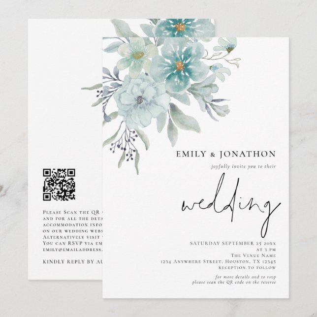 Invitación Elegante Mar Verde azulado Mist Florals QR Code Bo (Anverso / Reverso)